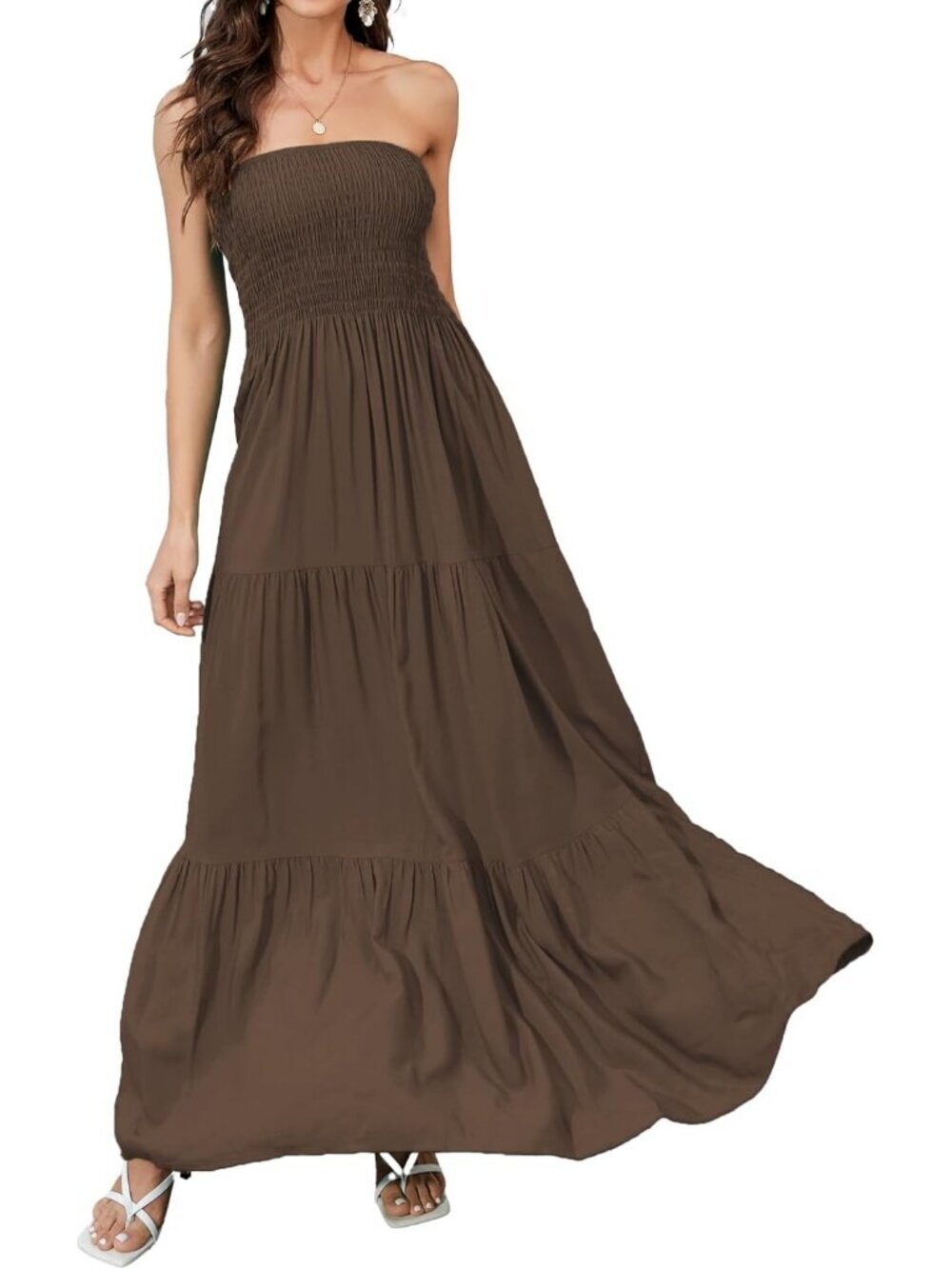 Women's Coffee Stylish Strapless A Line Tube Top Backless Casual Sun Maxi Dress
